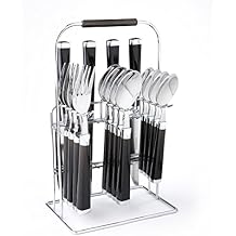 Cambridge 247616MD4 Temptation Black Charcoal 16-Piece Flatware Set with Hanging Rack, Service For 4 (Black, 16-Piece with Rack)