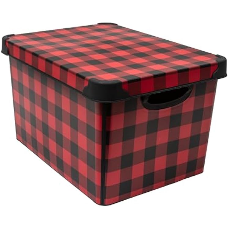 Simplify Checkered Design Storage Bin | Christmas Tote | Holiday Decor Decorations Organizer | Buffalo Plaid Design | Lidded | Stackable | Black and Red