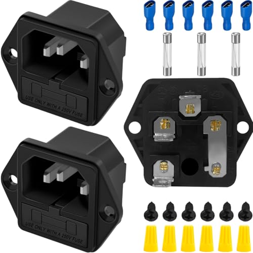 3PCS AC 250V 10A IEC320 C14 Male Power Cord Inlet Socket with Fuse Holder 3 Pin Mount Inlet Module Plug Panel Plug Adapter Connector with Terminal Wiring Cap Fuse Screw for Computer