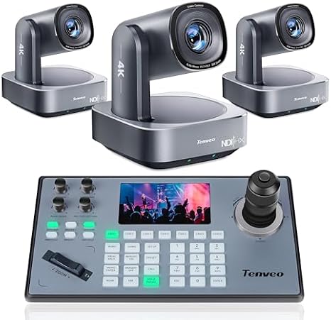 Tenveo 4K PTZ Camera and Controller Bundle/Kits - 20X AI Tracking HDMI/USB3.0/LAN(PoE) 4K NDI PTZ Camera(3PCS) and 5'' LCD Screen Joystick Controller for Church Service Events Live Streaming