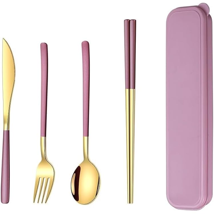 Silverware Flatware Set, 4 Pieces Stainless Steel Cutlery Steak Knife And Fork 304 Knife, Fork, Spoon And Chopsticks Gift SetPink Gold