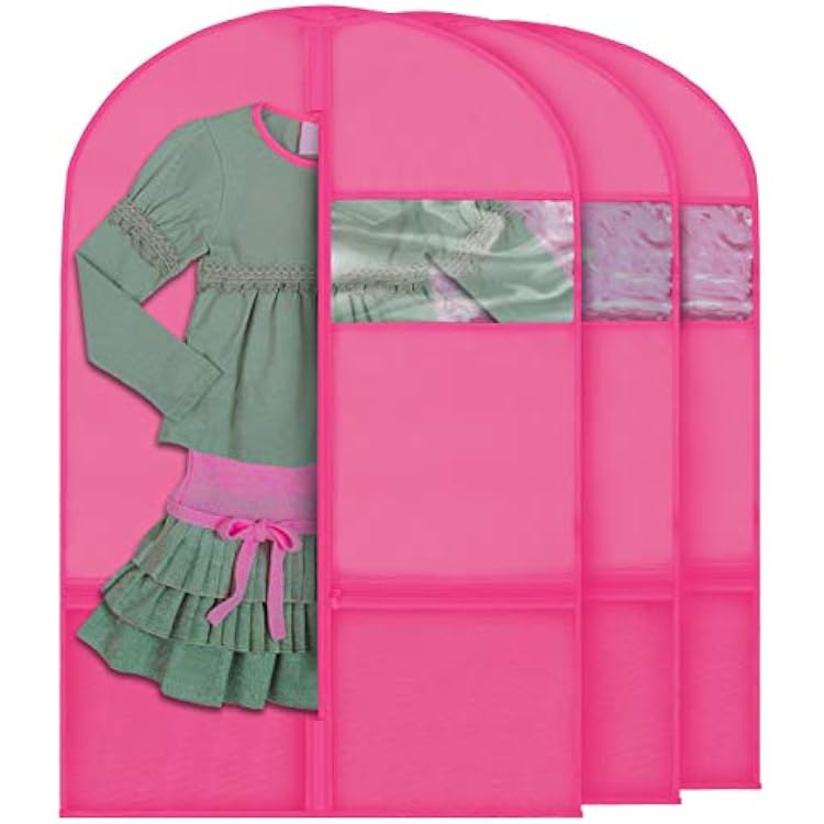 Plixio Garment Bags for Kids Dance Costumes with Transparent Window and Zippered Mesh Pockets for Shoes and Accessory Storage 3 Pack Pink: 36 x 23