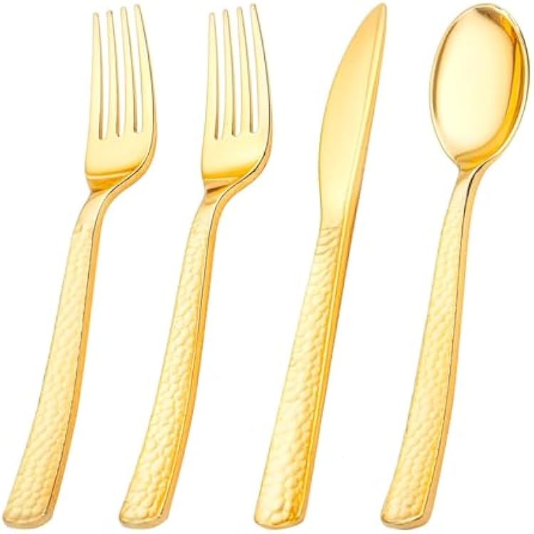 KIRE 400PCS Gold Plastic Silverware - Extra Heavy Duty Hammered Silverware Disposable Set, Gold Utensils Set Include 200 Forks,100 Knives,100 Spoons for PartyWeddingFathers Day