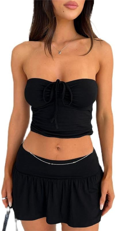 Women Two Piece Mini Skirt Set Y2k Tie Front Crop Tube Top Ruffle Short Skirt Summer Matching Outfits