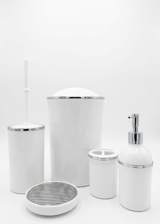 5 Parça Yuvarlak Lüks Banyo Seti – Sert Plastik Çöp Kovalı, Sıvı Sabunluklu, Diş Fırçalıklı ve Klozet Fırçalı Standart Banyo Takımı, Düzenleyici ve Aksesuar Seti (Krom-Beyaz)