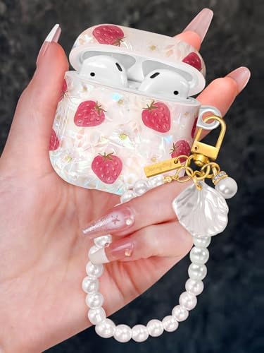 Coralogo for AirPods 2nd1st Case with Pearl Keychain - Cute Women Glitter Shell Design Cover Girls Girly Pretty Stylish Kawaii Girlish Protective for Apple for AirPods 21 Case, Strawberry