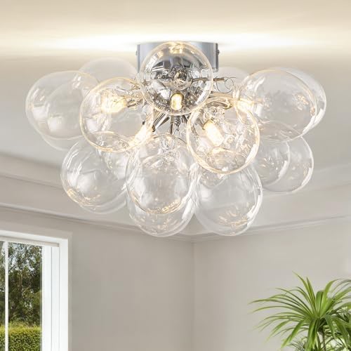 8-Light Chrome Flush Mount Ceiling Light, 16 Glass Bubble Ball Chandelier with 21 Clear Balls, Modern Globe Dining Room Light Fixture for Bedroom, Living Room, Hallway, Entry, Bathroom