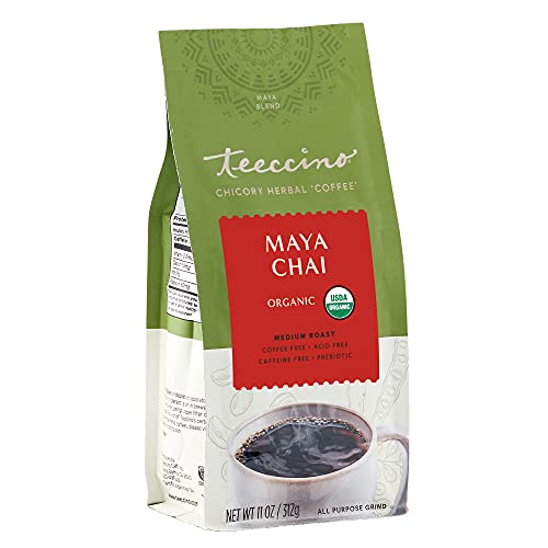 Teeccino Maya Chai Chicory Coffee Alternative - Ground Herbal Coffee Thats Prebiotic, Caffeine-Free & Acid Free, Medium Roast, 11 Ounce
