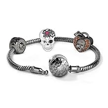 GNOCE Charms Bracelet Sterling Silver Black Plated Snake Chain Basic Charm Bracelet with Three Unique Black Skull Charm Beads Halloween Jewelry Bangle with Clasp