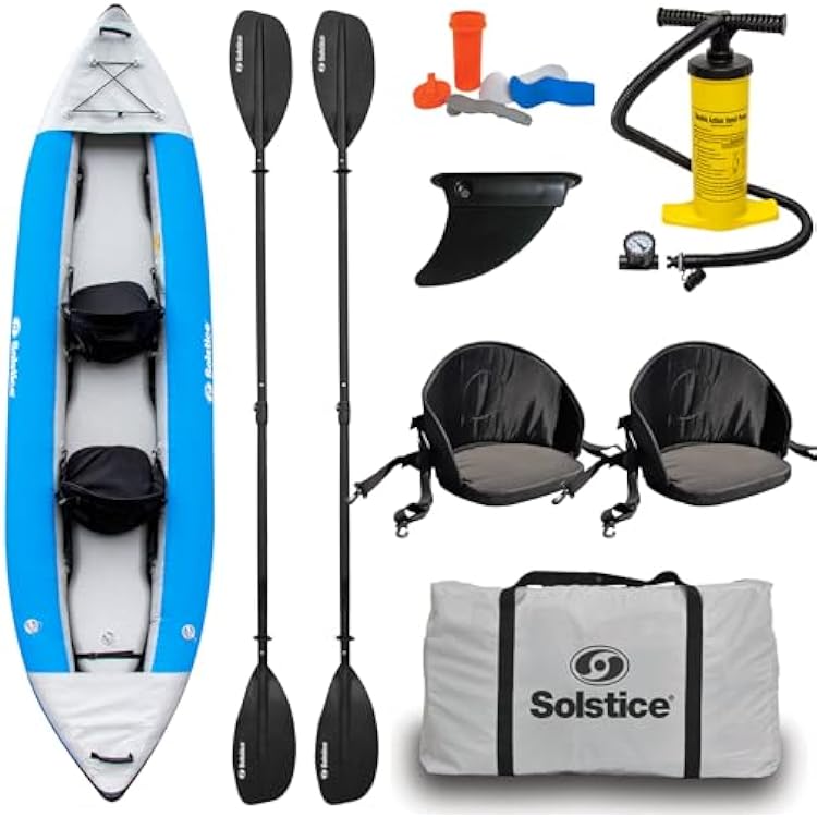 SOLSTICE Inflatable Kayak Boat Durable, Portable & Adventure-Ready, Heavy Duty PVC Adjustable Bucket Seat, Bungee Storage, Skeg & Pump Included, 1-2 Person Tandem, Flare, Blue, 126
