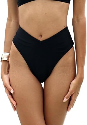 Women's V Front High Cut Bikini Bottom Retro High Waisted Cheeky Swimsuit Bottom