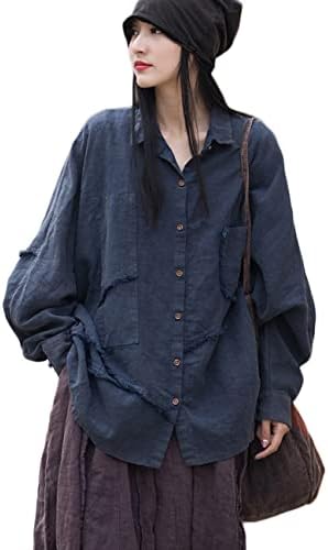 NFYM Women Cotton Linen Shirt Long Sleeve Distressed Frayed Patchwork Irregular Button Down Casual Loose Tunic Tops