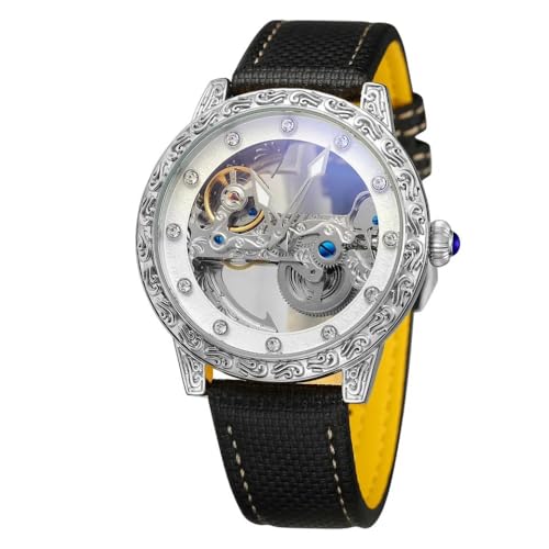 Men Self-Wind Automatic Mechanical Watch Luxury Skeleton with Diamond Design Luminous Waterproof Leather Strap Wristwatches