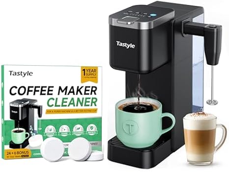 Tastyle Single Serve Coffee Maker with Built-in Detachable Milk Frother, with 30 Descaler Cleaner Tablets, Iced and Hot Coffee Machine for K Cup & Grounds, 40oz Removable Water Reservoir