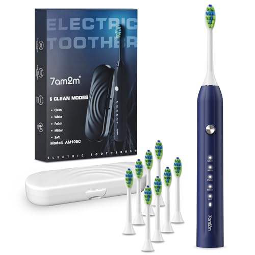7AM2M Sonic Electric Toothbrush for Adults and Kids, with 8 Brush Heads and Travel Case,5 Modes with 2 Minutes Built in Smart Timer, One Charge Use for 90 Days, Rechargeable ToothbrushesNavy Blue