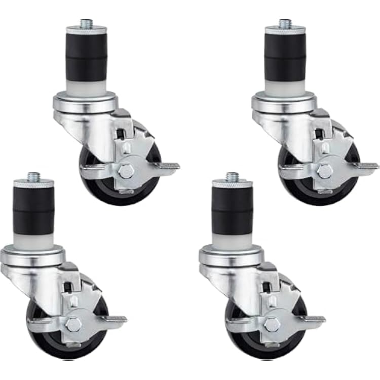 DuraSteel 1-12 Expanding Stem Caster with Side Brake - Stem Casters for Commercial Stainless Steel Prep Folding Table Wheels for Tables Legs - 3 Wheel, 530lbs Capacity Each, Table Casters Set of 4