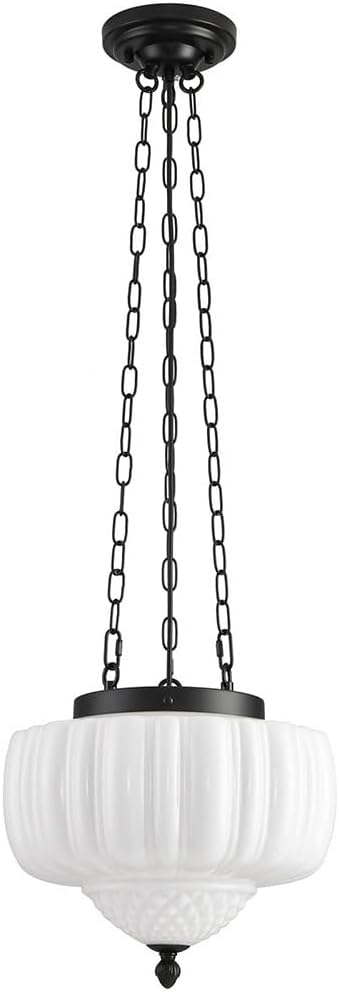 Pumpkin Shape Hanging Lamp - Industrial Pendant Light with White Glass Drop Ceiling Light. Adjustable Height, 1 Light Chandelier for Kitchen Island,