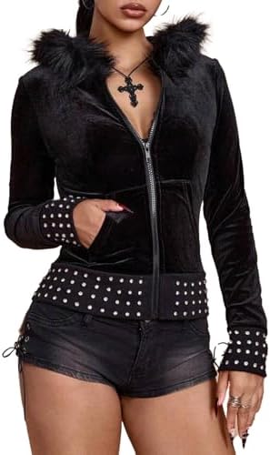Y2K Rivet Faux Fur Hoodies For Women Zip Up Punk Gothic Stripe Slim Fit Trendy Tops Long Sleeves Casual Jacket