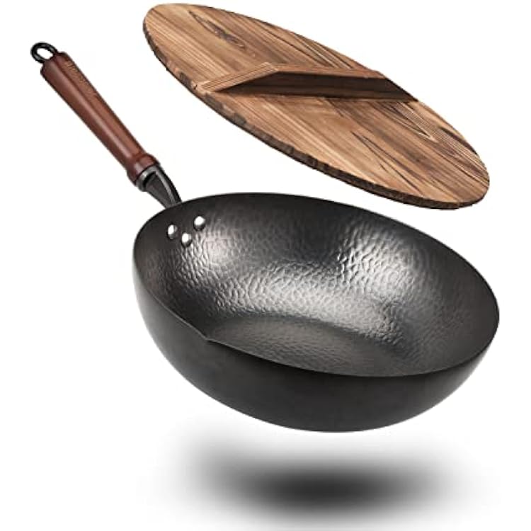 BIELMEIER 12.5 Wok Pan- Woks and Stir Fry Pans, Carbon Steel Wok, Flat Bottom Wok with Lid Suits for all Stoves