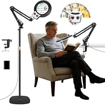 30X 12X Large Floor Magnifying Glass with Light and Stand, Floor Magnifying Lamp Adjustable Height,Infinite Color Dimmable, 4-in-1 Lighted Magnifier lamp for Close Work,Reading,Painting, HobbyBlack
