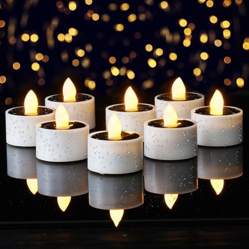 Homemory 8Pcs Solar Tea Lights Outdoor Waterproof, Rechargeable Dusk to Dawn Lighting, Flameless Flickering LED Votive Candles for Fairy Garden Decor, Patio Tables, Christmas Lanterns, Windows
