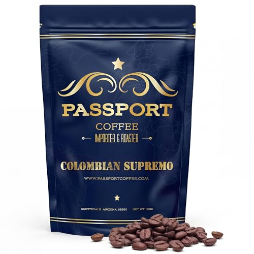 Passport Coffee Colombian Supremo Medium roast Arabica from the Huila Region. Flavor notes of sweet nutty caramel & citrus. Premium whole bean coffee, 12oz Bag