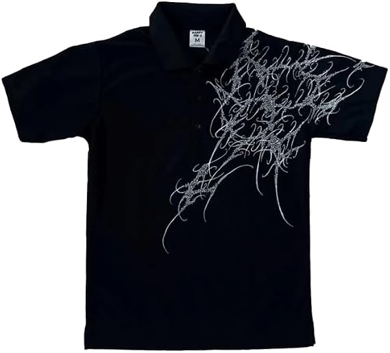 Mens Y2K Goth Print Polo T-Shirt Casual Vintage Oversize Punk Button-Down Collar Tops Grunge Summer Streetwear Shirt