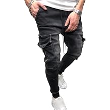 Mens Slim Fit Drawstring Cargo Jeans Multi Pockets Skinny Pencil Trousers Slimming Casual Bound Leg Denim Pants