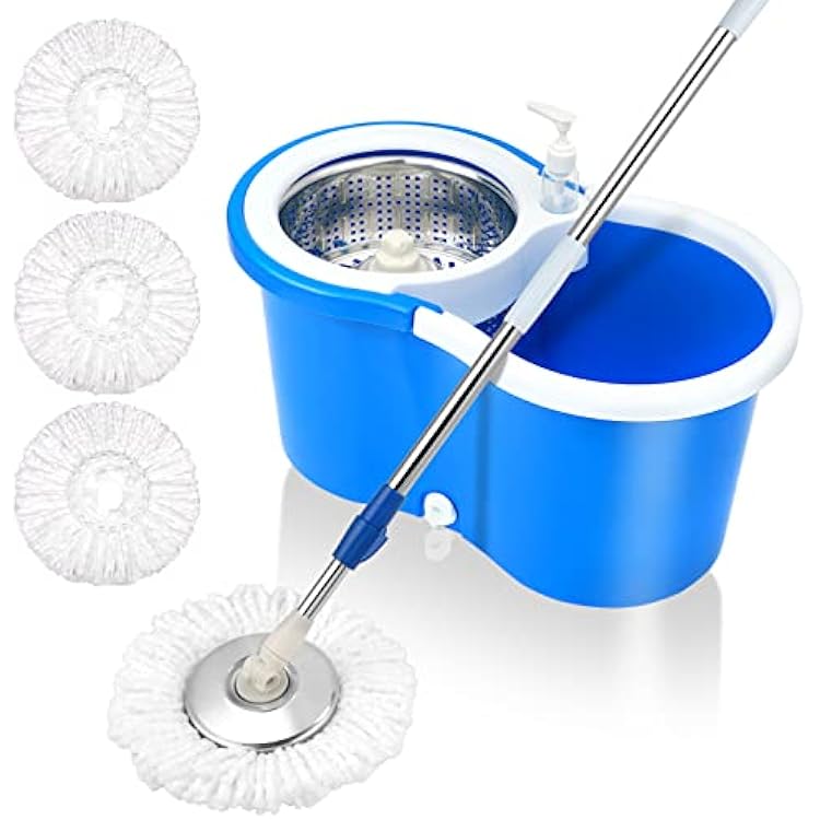 Spin Mop Bucket System, 360 Spin Floor Cleaning Mop Bucket with 3 Microfiber Replacement Head Refills Telescoping Handle for House Cleaning