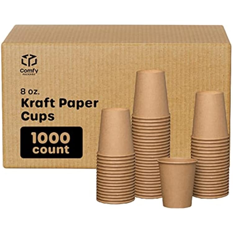 Comfy Package [Case of 1,000 8 oz. Kraft Disposable Paper Cups, Hot Coffee Cups Brown Unbleached - Eco-Friendly Cups