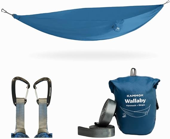 Kammok Wallaby Lightweight Hammock with Straps Portable Hammock for Backyard, Park, Camping, Campus, Patios or Hiking Built for Everyday Use - Durable Ripstop Nylon, Easy Setup - Glacier Blue