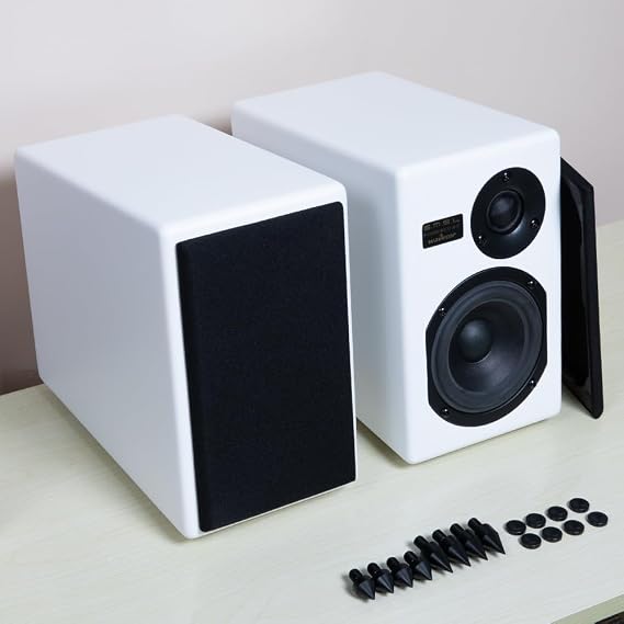 S.M.S.L Bookshelf Speakers Passive Tabebuia Speaker System,Custom Wavecor Drivers,100W Per Channel,56Hz-32kHz Response, Wall-Distance Adjustable with Spikes(Pair) (White)