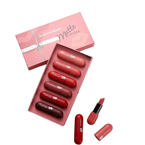 Capsule Pills Lipstick Mini Matte Lipstick Sets for Women Long-Lasting Labial Mate Nude Red Permanent Stay on Matte Lipstick Set Pack Makeup Kit 6 Pieces