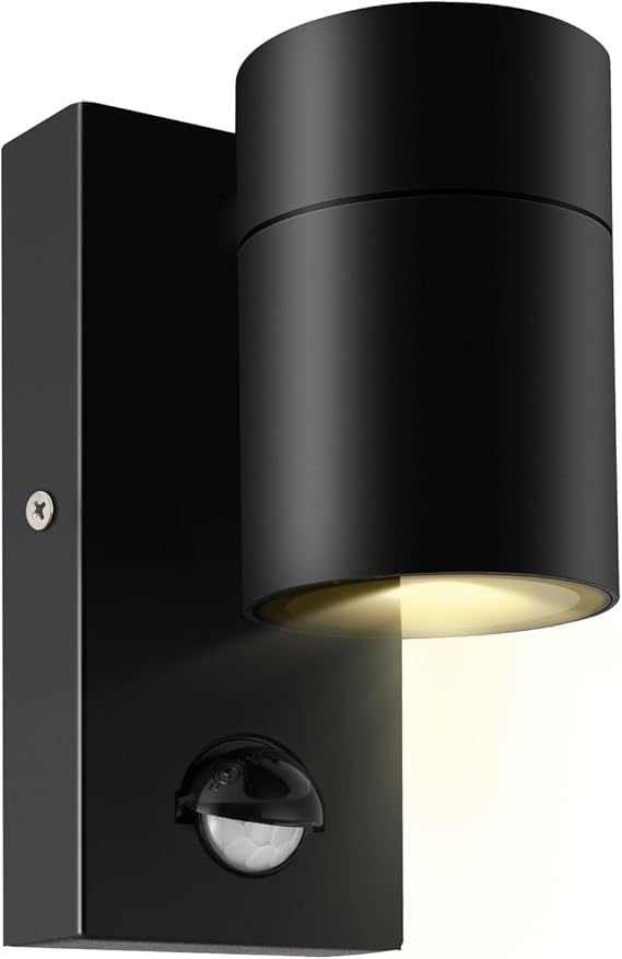 Kerry Outdoor Wall Light with Sensor, Downlight, Mains Powered, Black | Modern Stainless Steel Design, Spotlight, IP44, Adjustable PIR Motion Detection, GU10 Bulb, Not Included, for Entrances [Energy Class F]