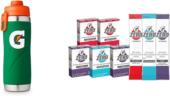 Gatorade 26oz Stainless Steel Bottle, Green+Gatorade G Zero Powder, Fruit Punch Variety Pack, 0.10oz Packets (50 Pack)
