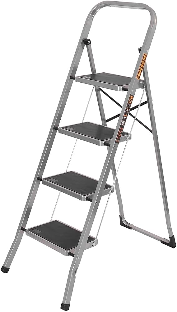 Step Ladder Heavy-Duty Steel, Non-Slip Rubber Steps, Anti-Slip Feet, Compact Platform-Ladder With Handle, Safety Folding StepLadder With 150KG Max Capacity TOUGH MASTER (4 Steps)