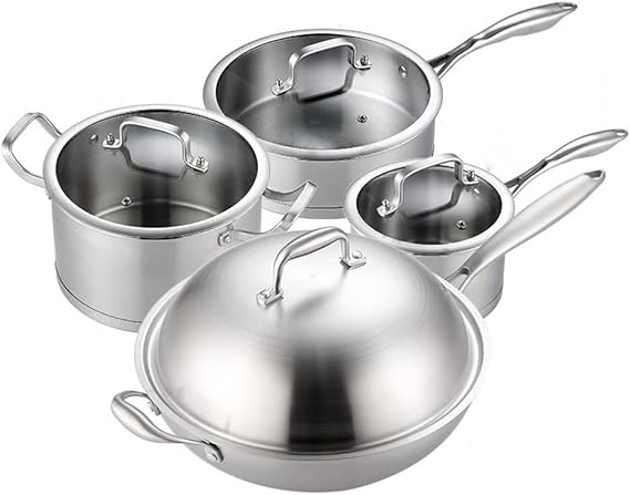 4 Cookware 8 Pieces Stainless Steel Cookware Cooking Casserole Set Cooking Pot Set Milk Pan Wok Home Kitchen(E)