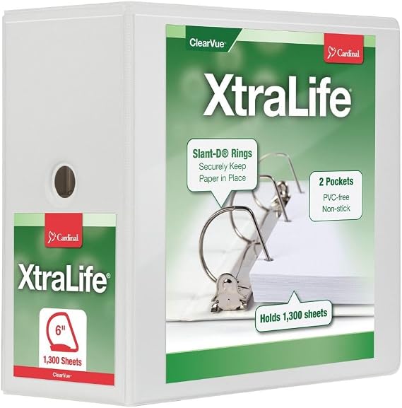 Cardinal XtraLife ClearVue Nonstick Locking Slant D-Ring Binder, 6" Rings, 55% Recycled, White