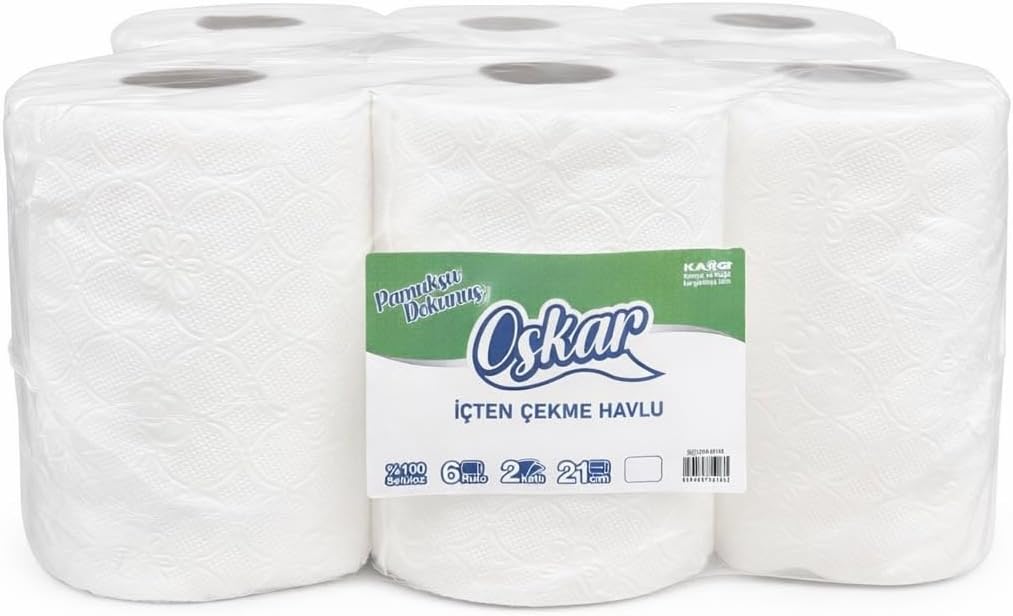 Oskar İçten Çekme Kağıt Havlu,%100 Selüloz, 2 Katlı, 21 cm Yaprak Genişliği, 6 Rulo Paket