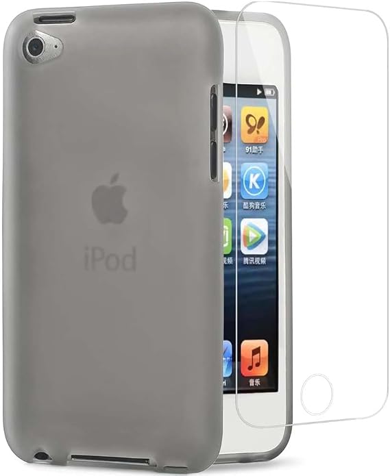 Soft Clear TPU Shockproof Scratch-Resistant Protective Shell Skin Case Cover and Tempered Glass Protective Film for Apple iPod Touch 4 (Clear Black Case and Glass)