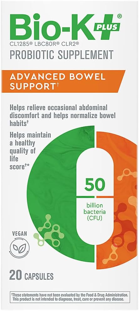 Bio-K+ Advanced Bowel Probiotic, 50B CFU, FODMAP Friendly, Vegan, 20 Caps | 3 proprietary strains, supports digestive health, FODMAP-friendly, delayed-release, vegan, gluten-free, Non-GMO, shelf-stable