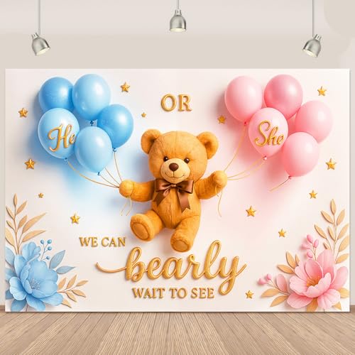 Boho Bear Gender Reveal Banner Backdrop 5.93.6Ft We Can Bearly Wait Baby Shower Decorations Blue Pink Balloon Bear Gender Reveal Decorations He or She Banner Party Photography Background Supplies
