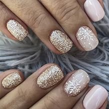 Winter Christmas Press on Nails Short Square Glitter Fake Nails Pink Acrylic False Nails with Snowflake Designs Sparkling Full Cover Stick on Nails Christmas Glue on Press on DIY Nails for Women 24Pcs