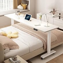 Electric Adjustable Height Bedroom overbed Table, Over The Bed Working Table with Wheels, Home overbed Table for Laptop, Mobile Hospital Bed Desk, Rolling Bed Table.