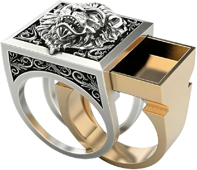 Men's Lion Ring Roaring Lion Head Vintage Engraved Carved Band Rings with Mini Hidden Storage Box Design Hip Hop Party Two Tone Jewelry Unique Gift For Men Biker Rapper Size 7-12
