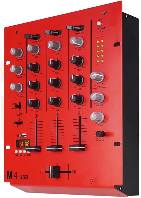 DJ-M4 Red 4-Channel DJ Mixer, Bluetooth & USB Audio Mixer with Crossfader, 3-Band EQ, Gain Control, and Cue Monitor Function Audio Console - Professional Soundboard for Parties, Clubs