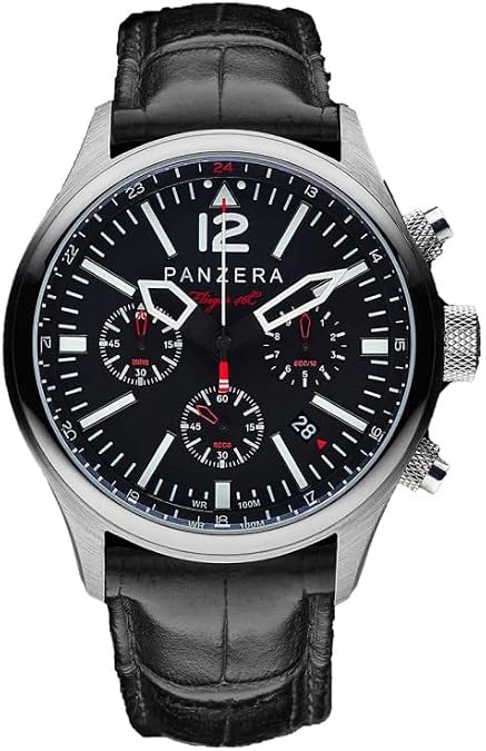 Panzera Flieger 46C Stainless Steel Pilots Watch for Men - Analog Pilot Time Piece - Quartz Chronograph - Designed & Assembled in Australia