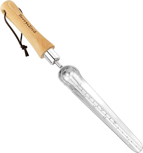 Berry&Bird Stainless Steel Narrow Widger Trowel with Measurement Marks - Ergonomic Ash Wood Handle & Long Head Blade Design, Gardening Seeding Widger for Seeding, Weeding, Transplanting and Camping