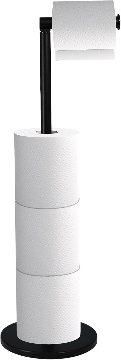 Crystals Toilet Roll Holder Free Standing - 2 in 1 Stainless Steel Toilet Paper Holder, Up to 5 Toilet Roll Storage - No Drill Toilet Roll Stand, Black