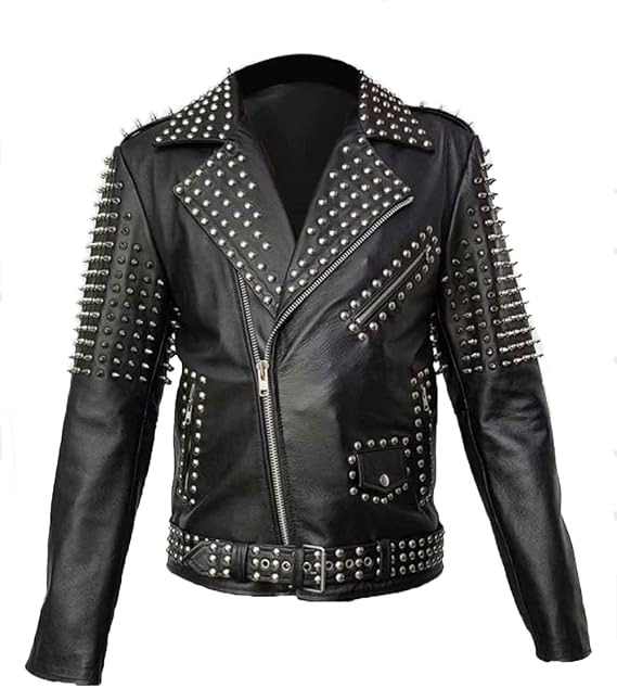 Men's Brando Spikes Metal Rivets Rock Punk Motorcycle Black Biker Leather Jacket